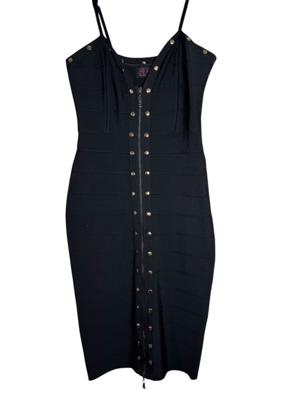 Hot Miami Styles Black Midi Bandage Dress with Gold & Silver Studs